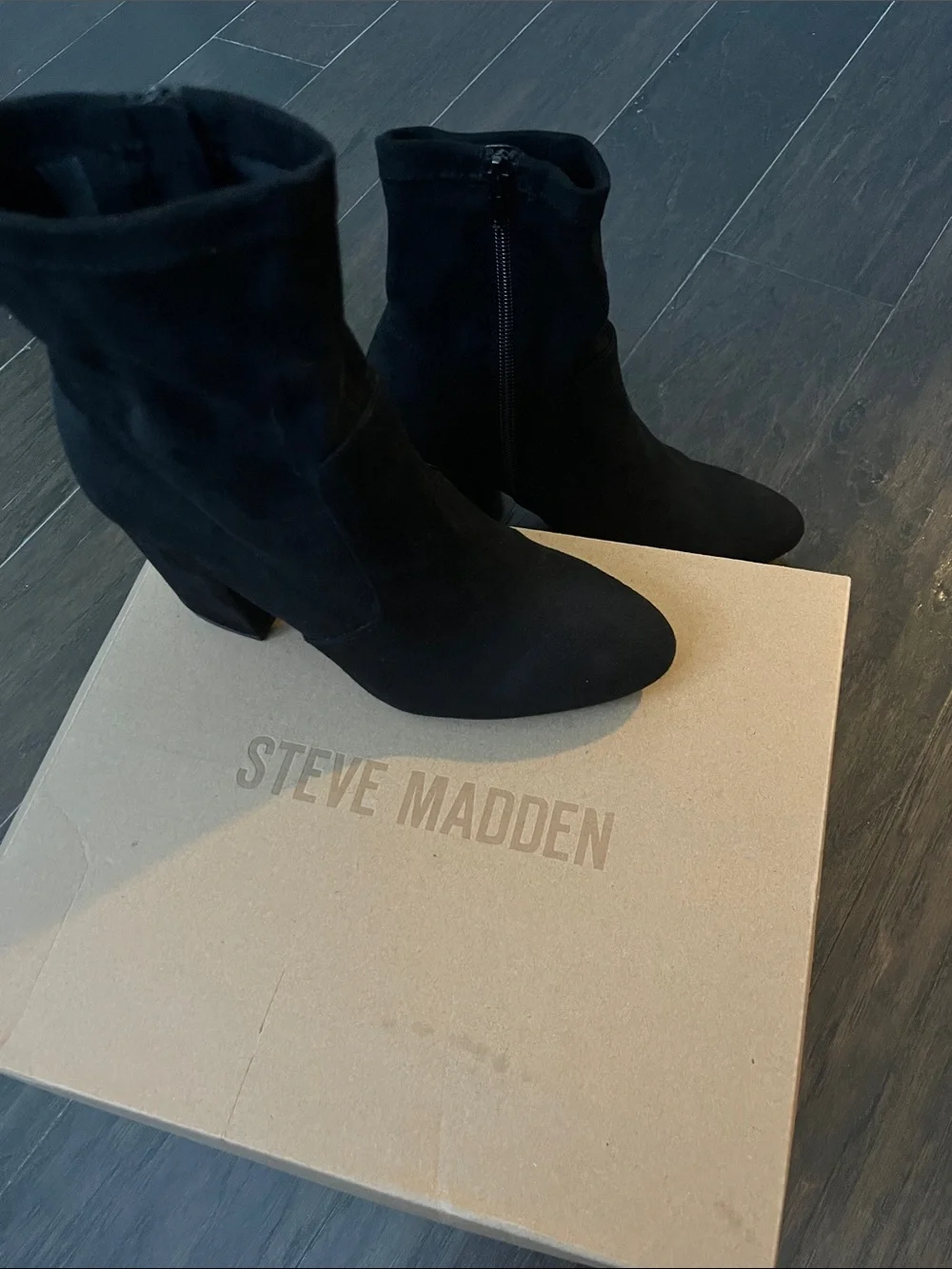 Steve Madden Black Suede Block Heel Ankle Booties with Side Zip